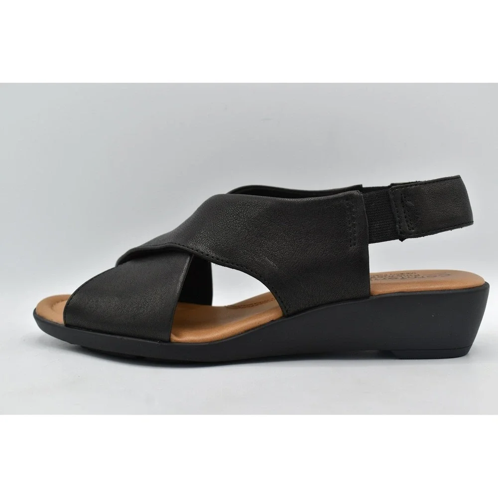 Comfortiva Womens 8.5 Emilee Black Leather Stretch Slingback Wedge Sandals Shoes